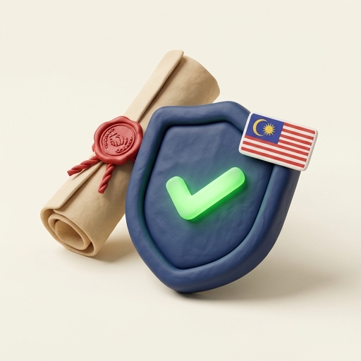 Clay 3D illustration of a shield with checkmark, contract scroll with wax seal, and small Malaysia flag