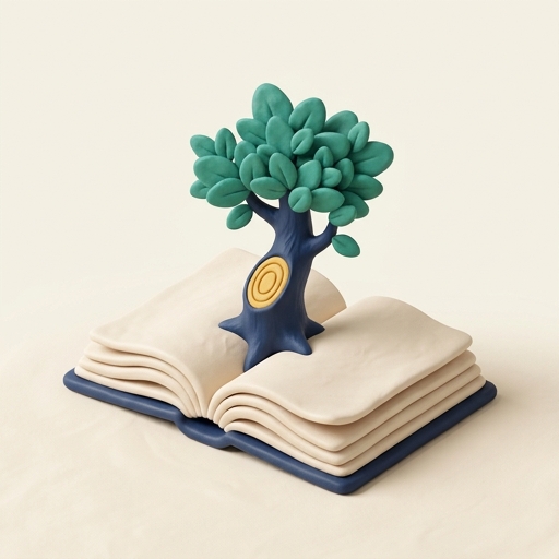 Clay 3D illustration of an open book with a growing tree showing knowledge accumulation over time