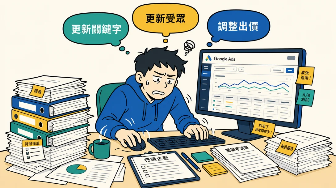 疲累的广告操作人员逐项更新关键词、受众与出价